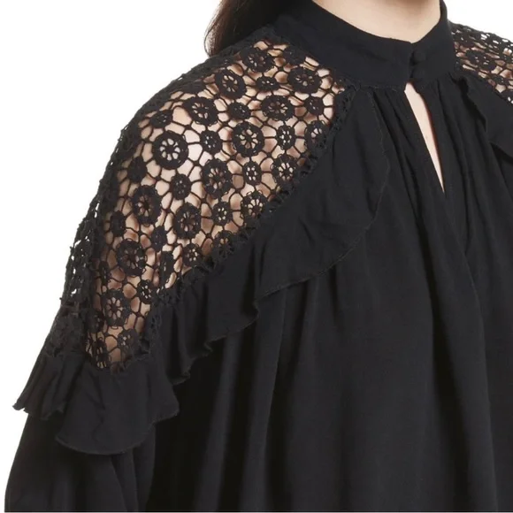 SOLD-Free People Ruffled Crochet Lace Black Draped Relaxed Long Sleeve Top - Picture 4 of 13